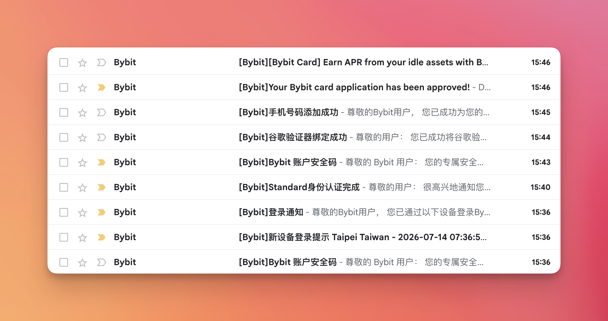 15:36 注册、15:40 身份认证、15:46 Bybit Card 审批通过的邮件时间线